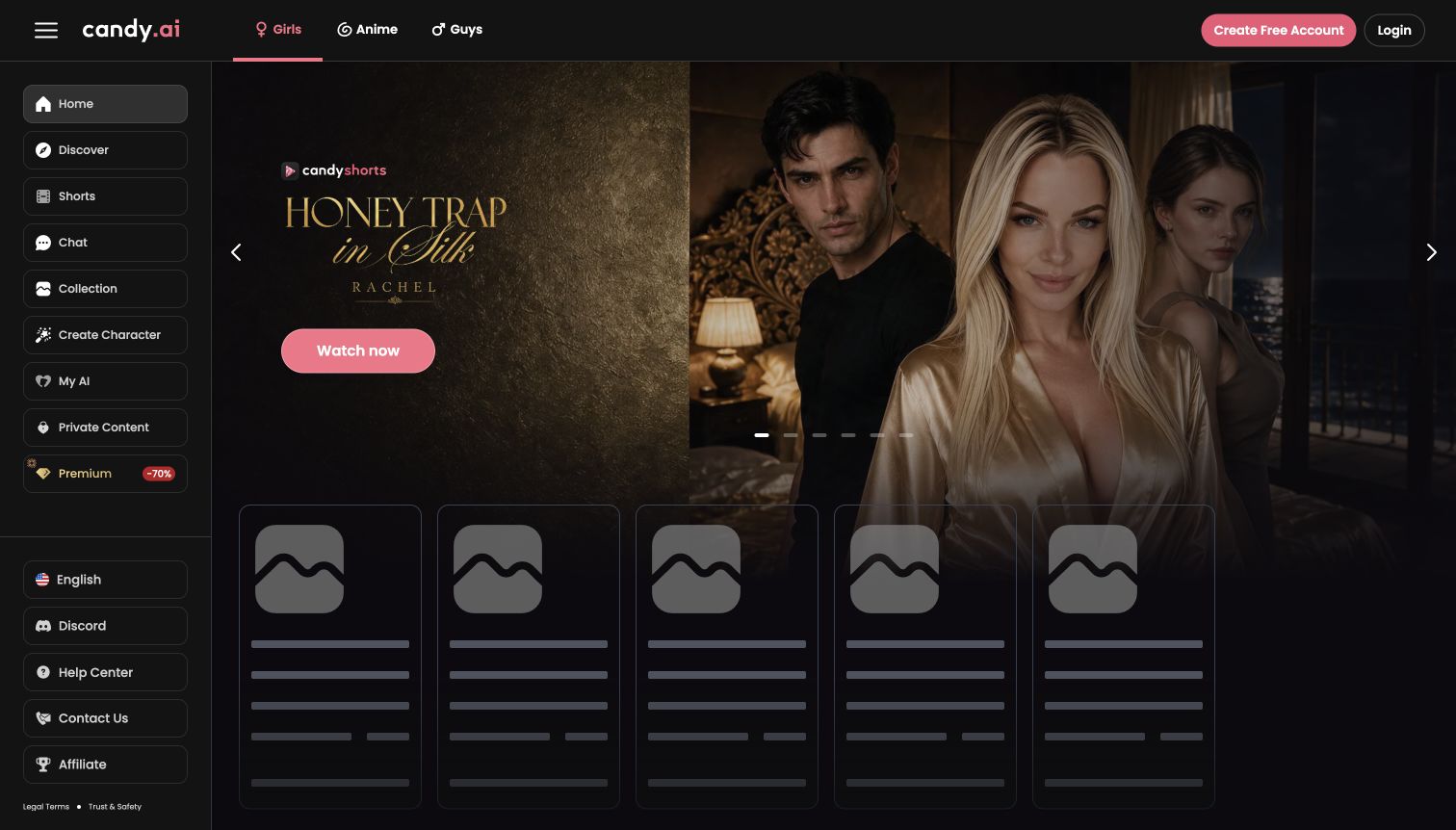 Logged-out Candy.ai homepage with clothed character cards and navigation.