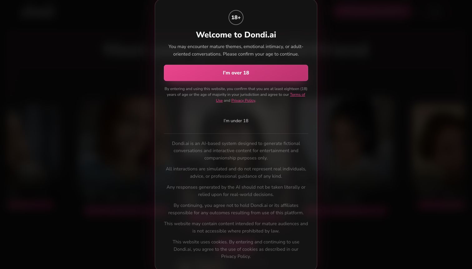 Dondi.ai age-confirmation screen with blurred background.