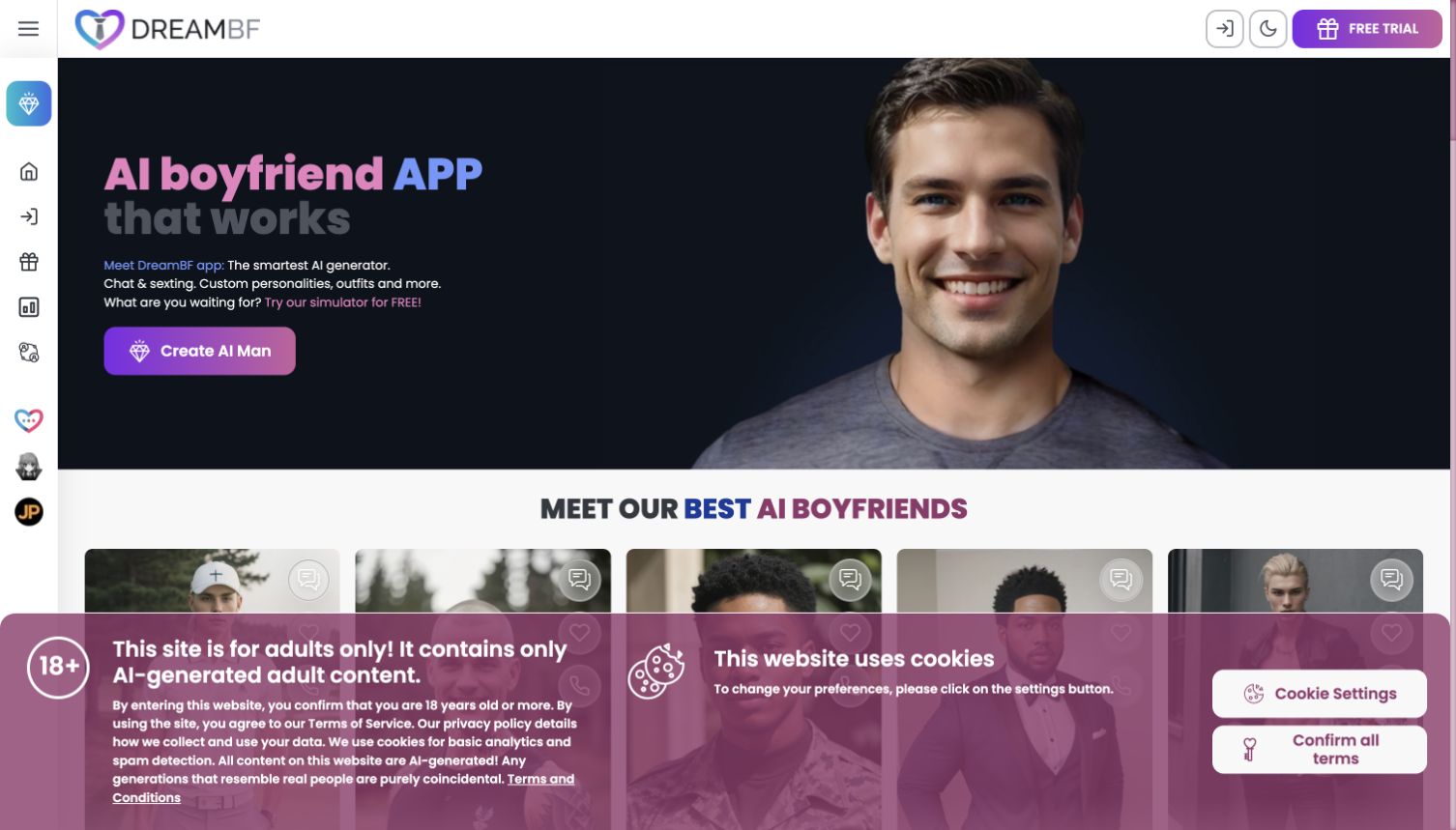 Logged-out DreamBF.ai homepage with a fully clothed adult male model.