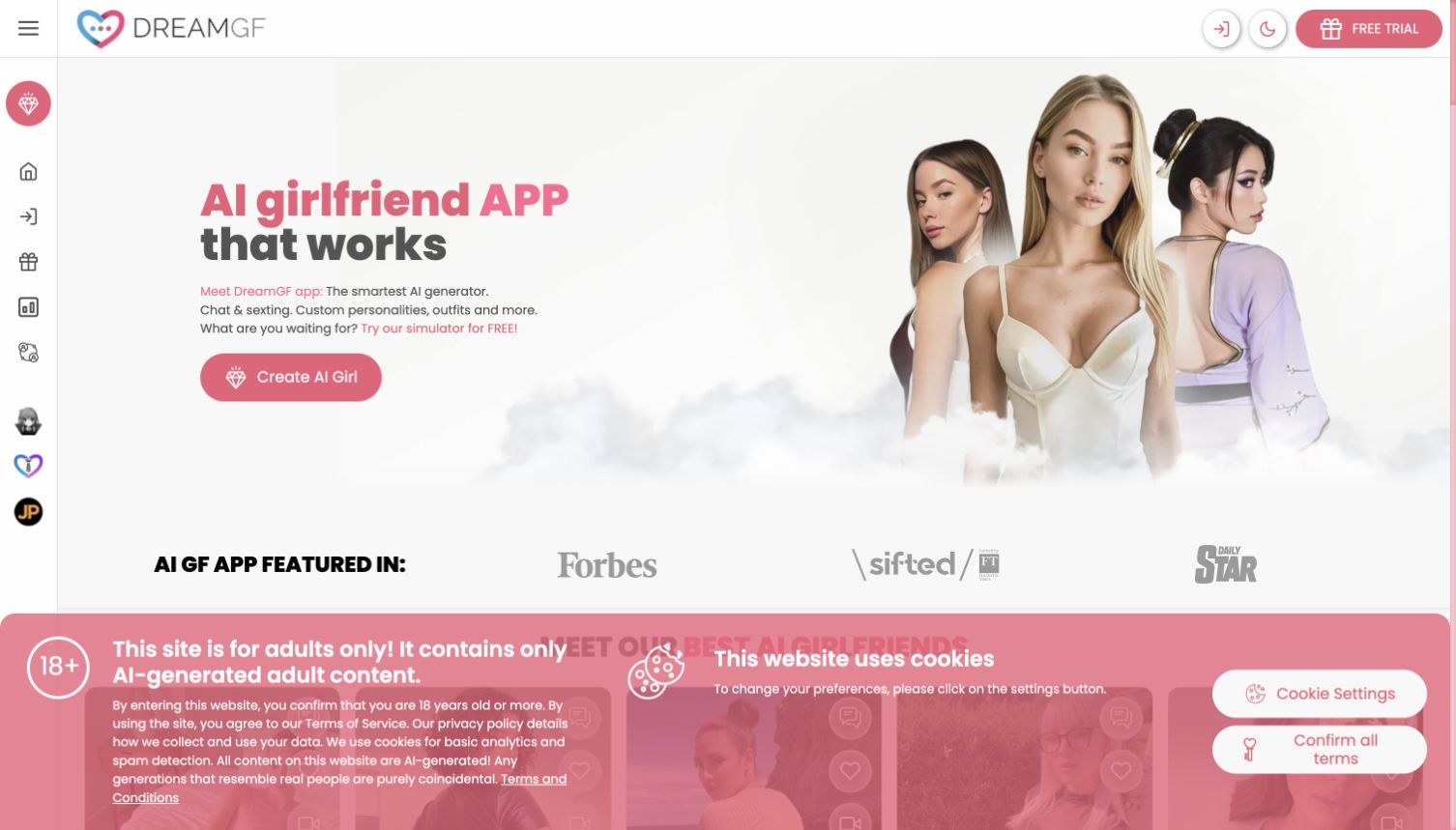 Logged-out DreamGF.ai homepage with fully clothed adult models.