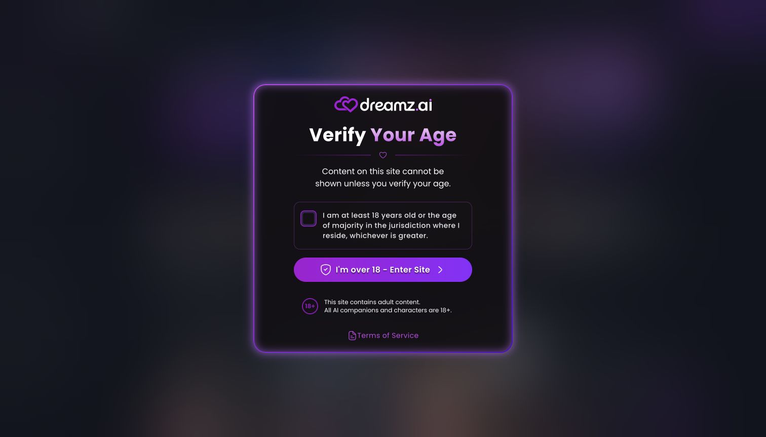 Dreamz.ai age-verification screen.