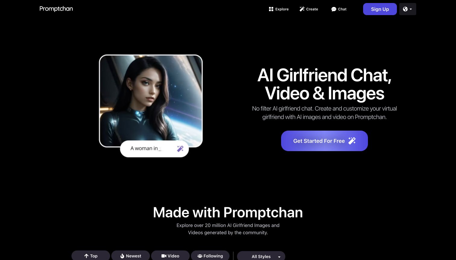 Logged-out Promptchan homepage with safe AI-generated portrait example.