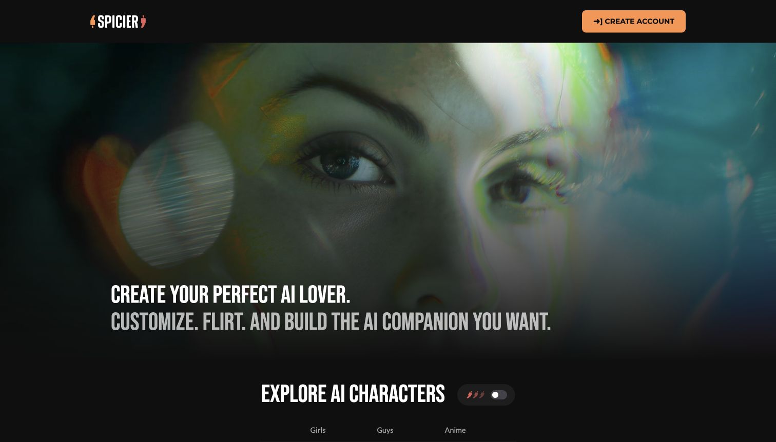 Logged-out Spicier hero with a non-explicit close portrait.