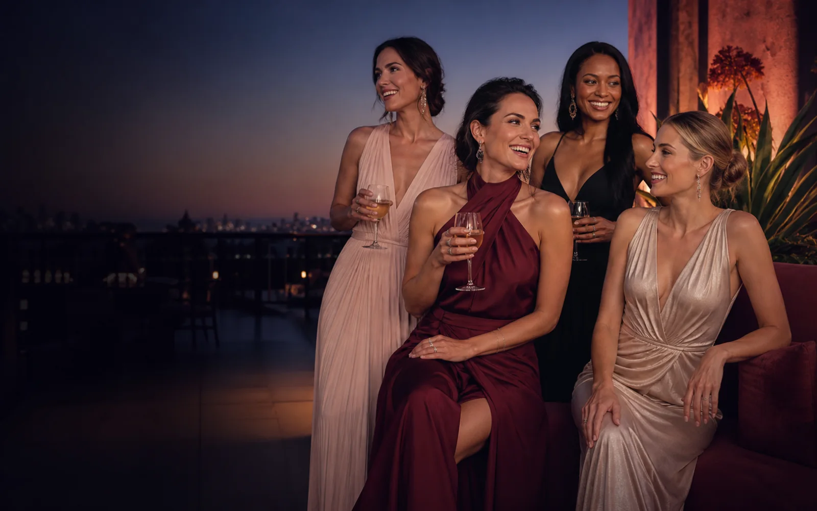 Four stylish women enjoying an evening together in a rooftop lounge.