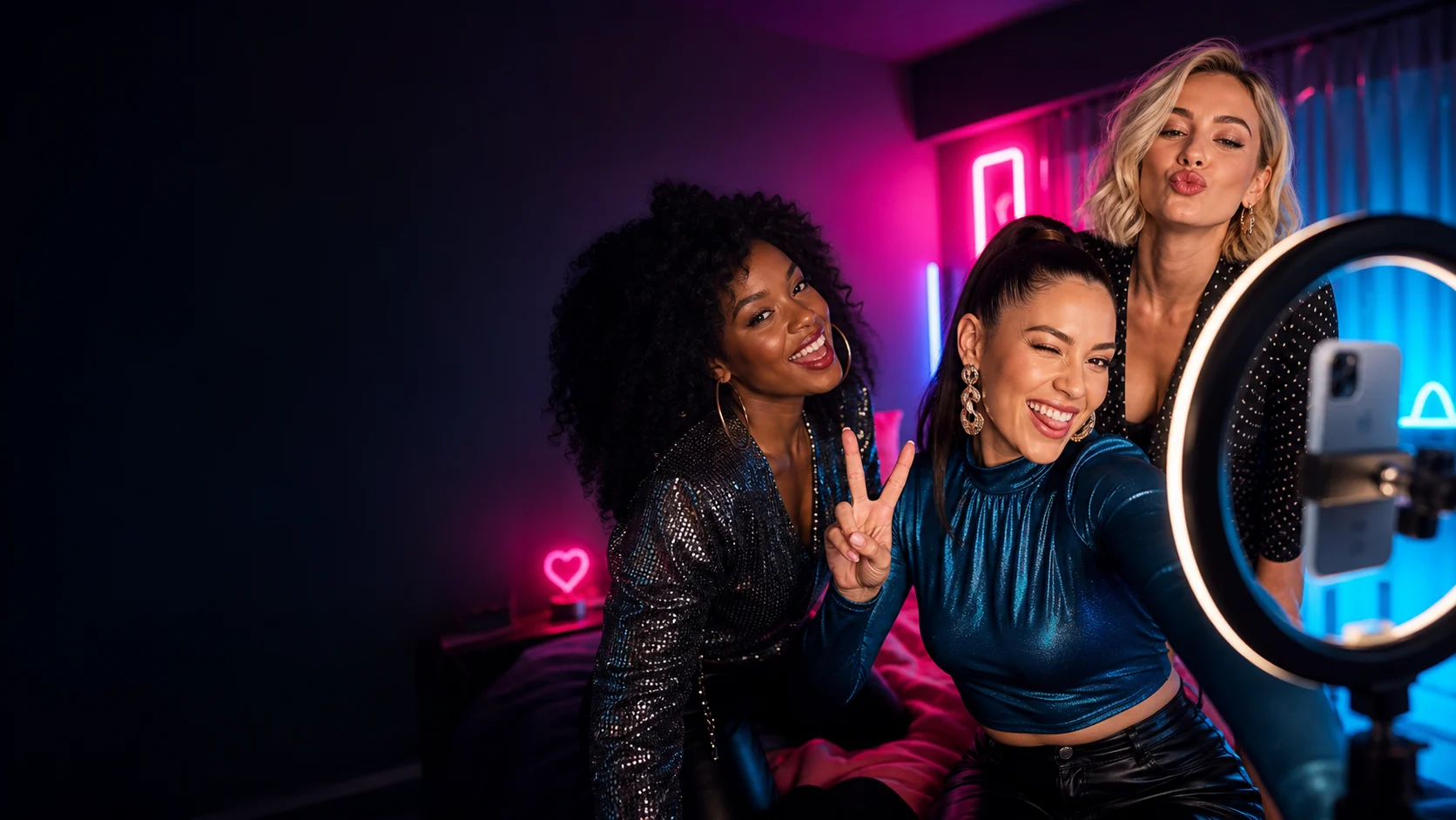 Three adult creators make playful social content in a black, pink and blue neon studio.