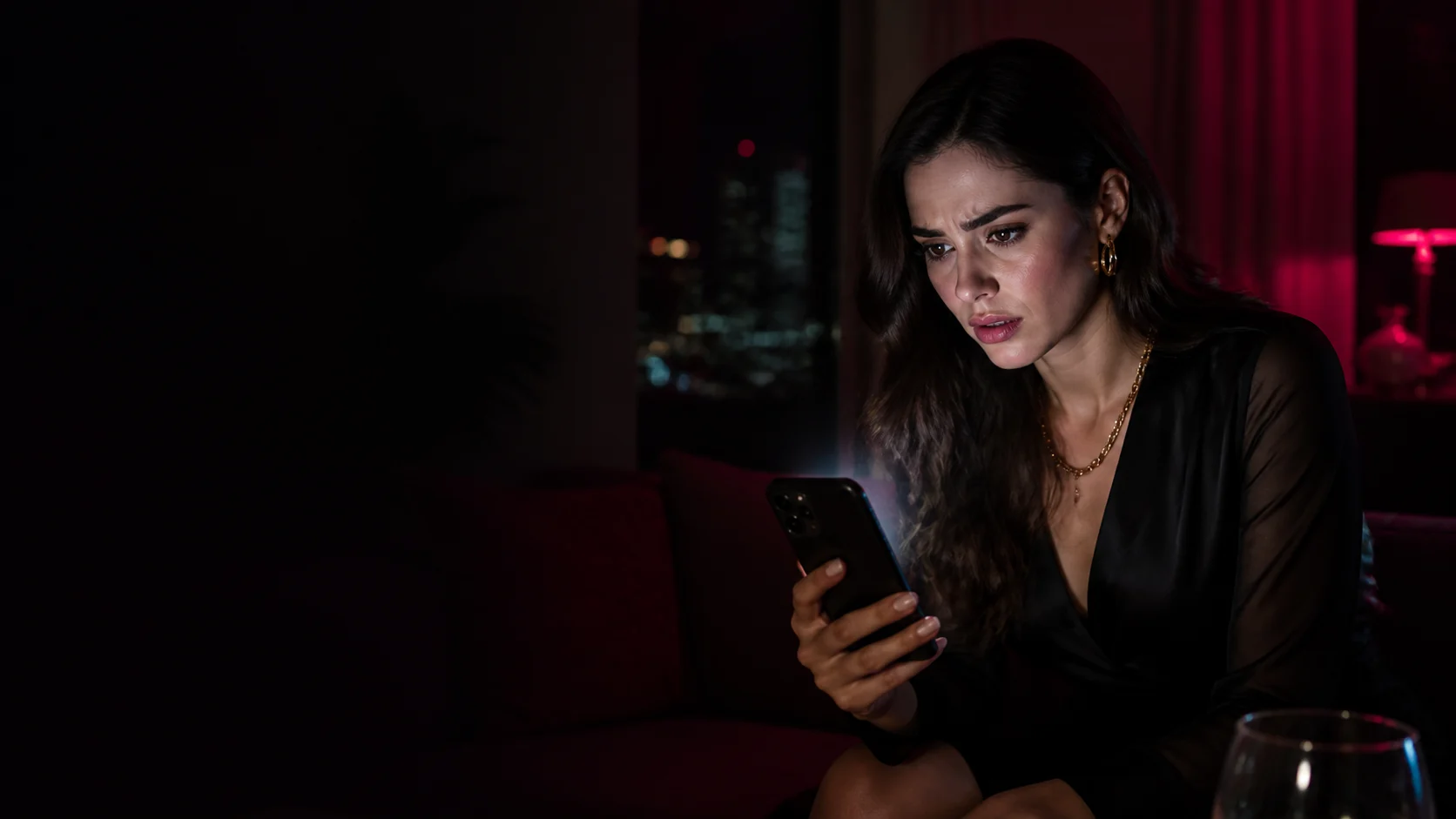 An adult heroine reacts to a late-night message in a cinematic romantic-drama scene.