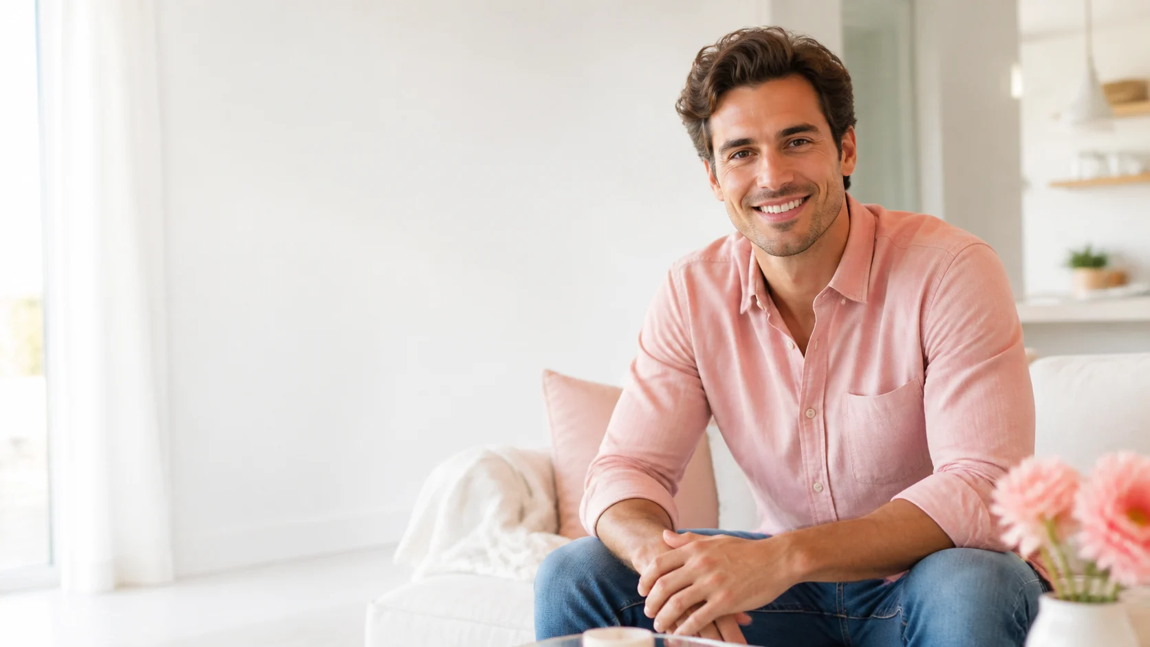 A handsome adult man sits in a bright modern apartment with approachable dating-profile energy.