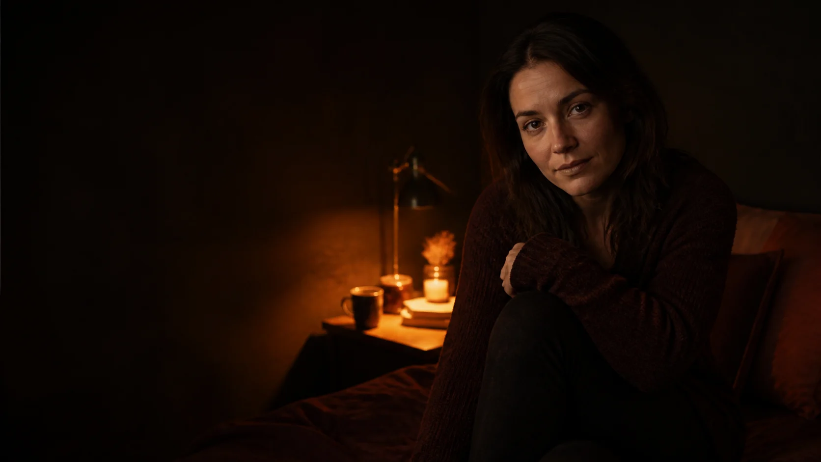 An adult woman listens closely during a private late-night conversation in a warm bedroom.