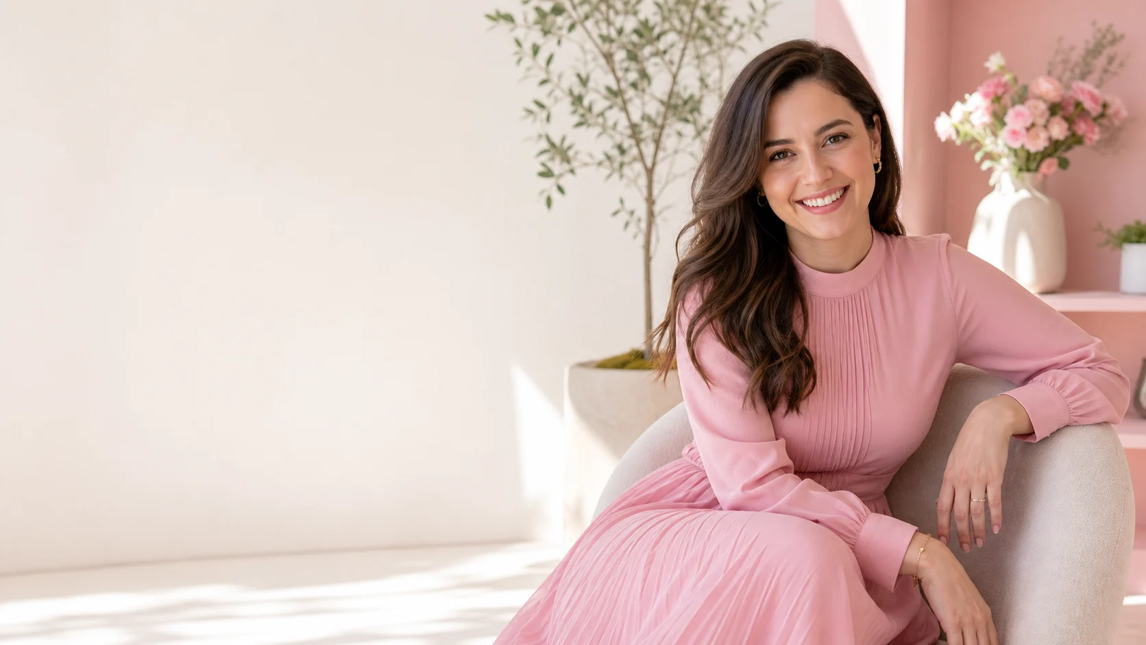 An adult woman smiles in a bright blush-pink studio with clean dating-app styling.