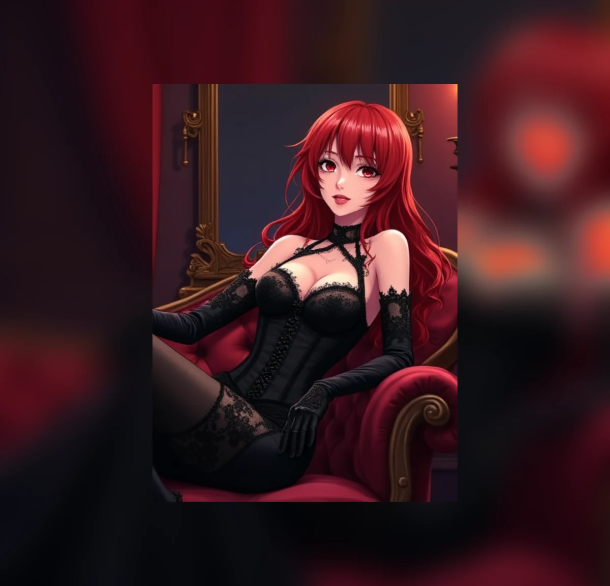 A clearly adult red-haired anime woman in a dark plum boudoir scene.