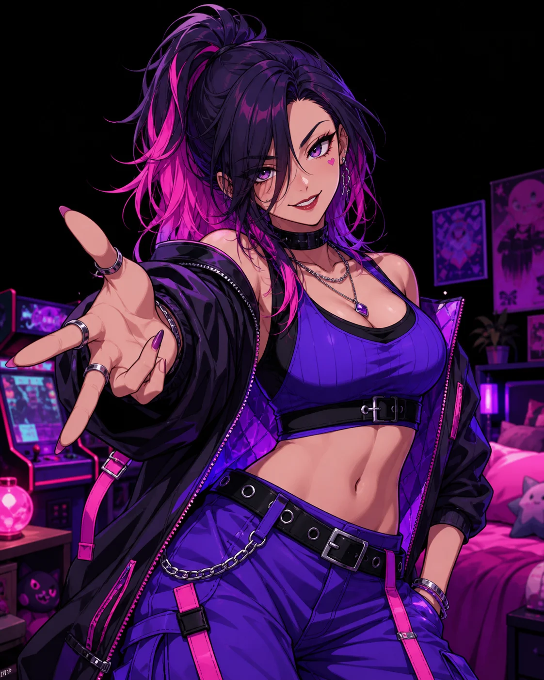 An adult anime character in ultraviolet and acid-pink creator artwork.