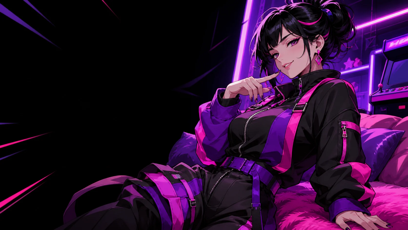 An adult anime woman in ultraviolet street fashion poses in an electric bedroom arcade.