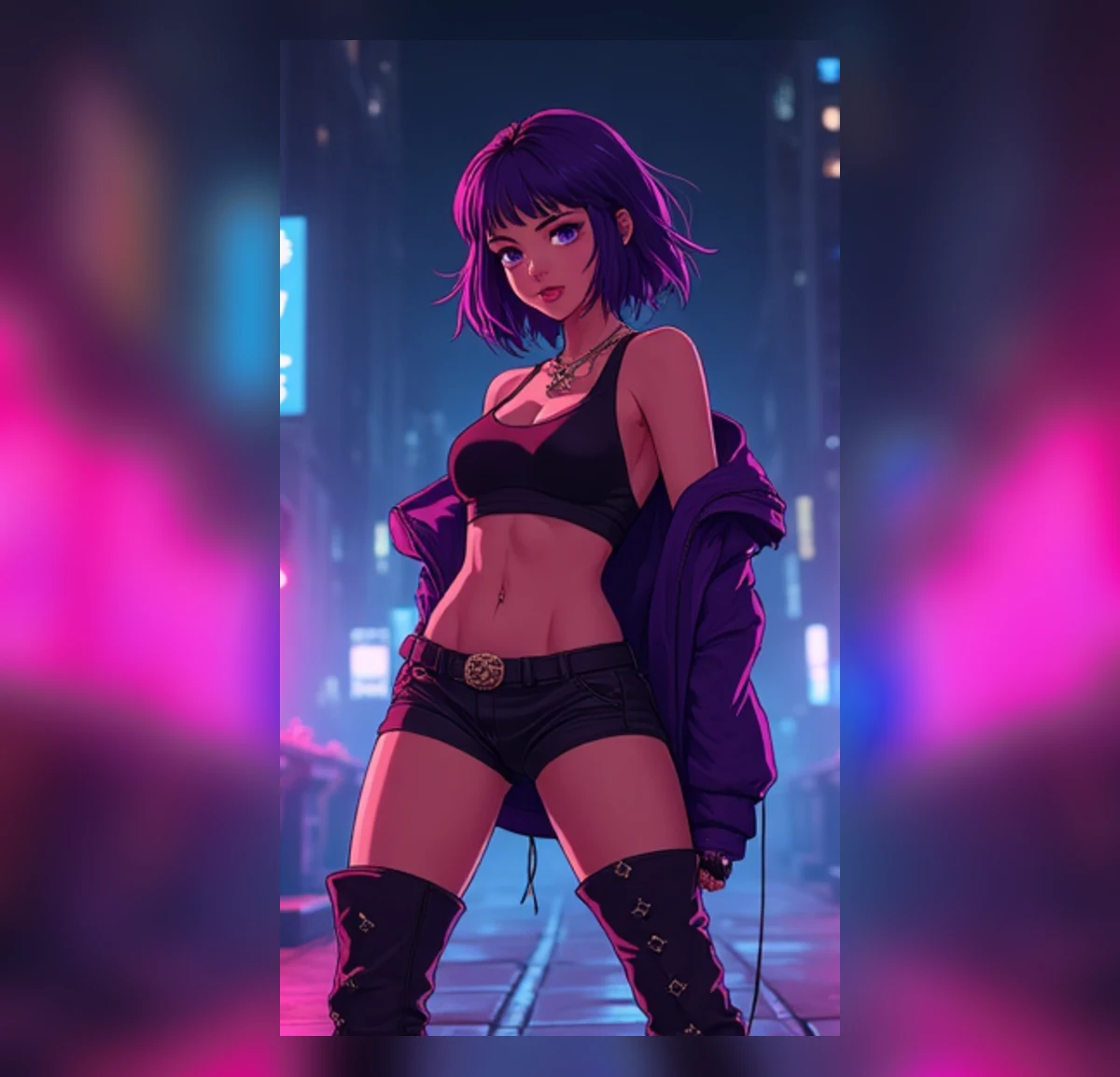 A mature purple-haired anime woman in a black club outfit inside a neon arcade.