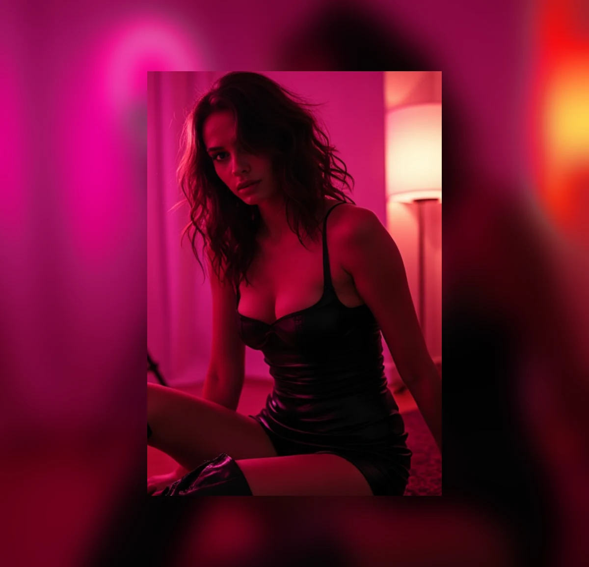 An adult creator in a fitted black mini dress inside a vivid magenta content studio.