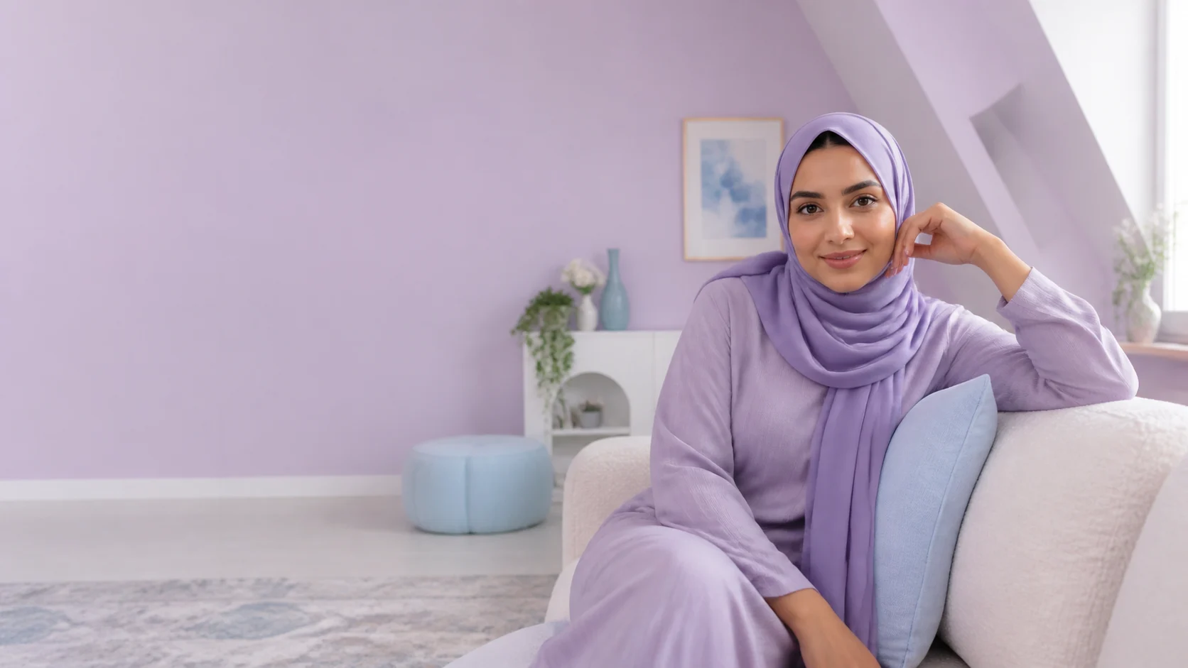 An adult woman relaxes in a pastel lilac loft in a soft premium lifestyle portrait.