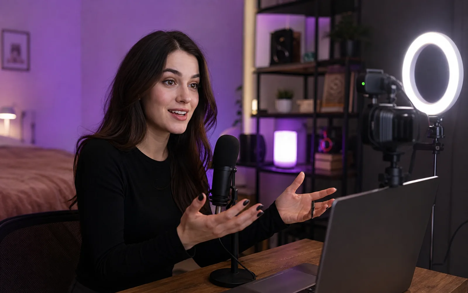 An adult presenter records from a purple-lit home streaming studio.