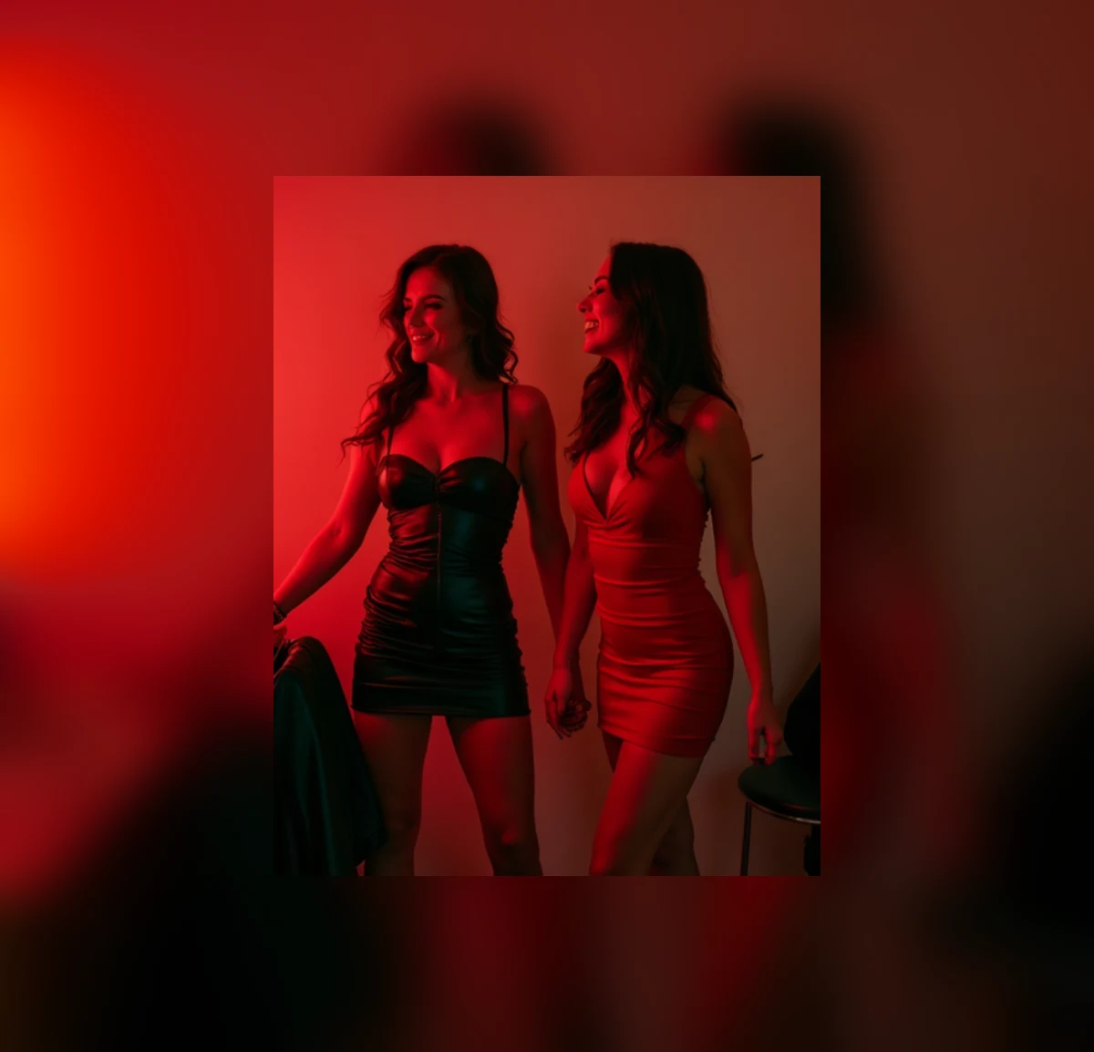 Two adult women in daring black-and-red night-out looks inside a red-neon apartment.