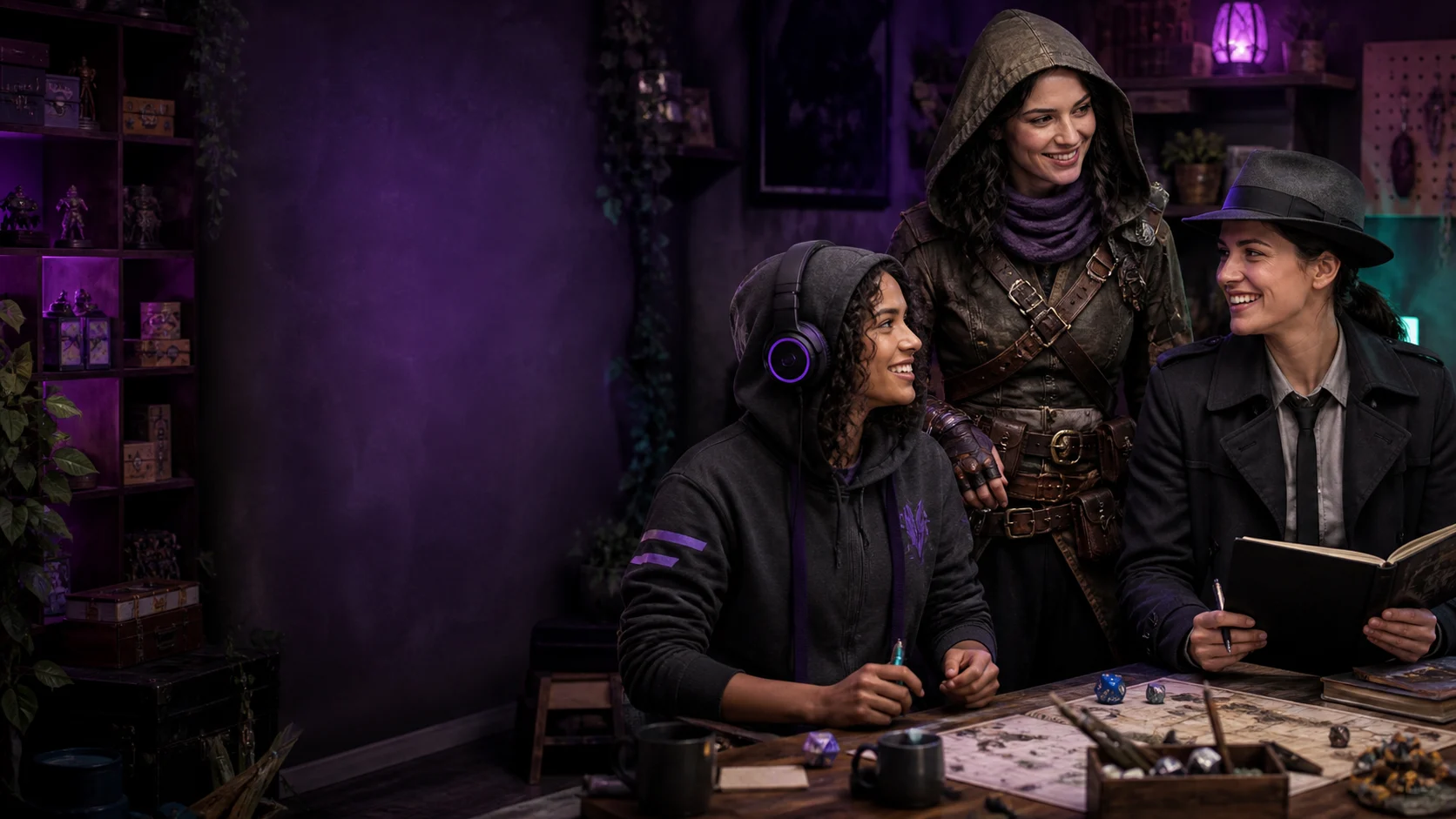 Three adult roleplay characters gather in a violet-lit gaming den.