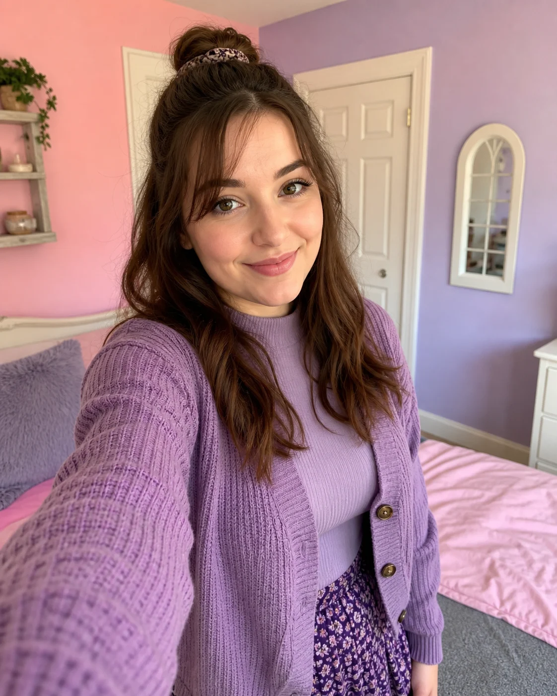 An adult woman smiles into her phone in a pink-and-lavender dating-app portrait.