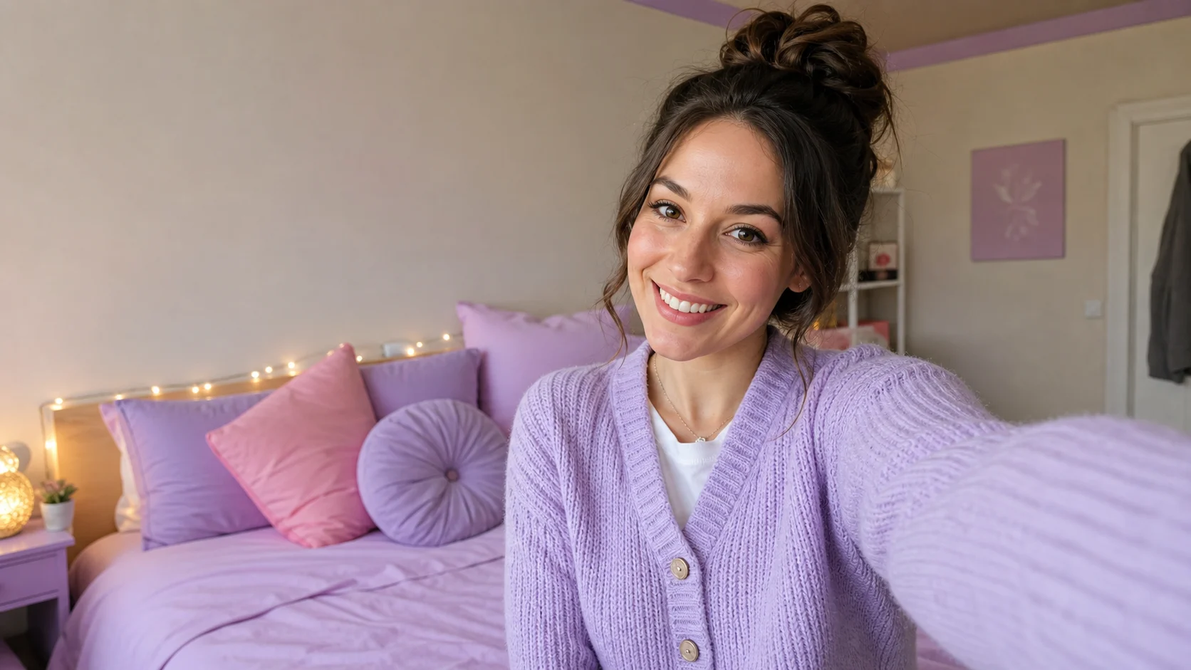 An adult woman takes a playful selfie in a bright pink everyday bedroom.