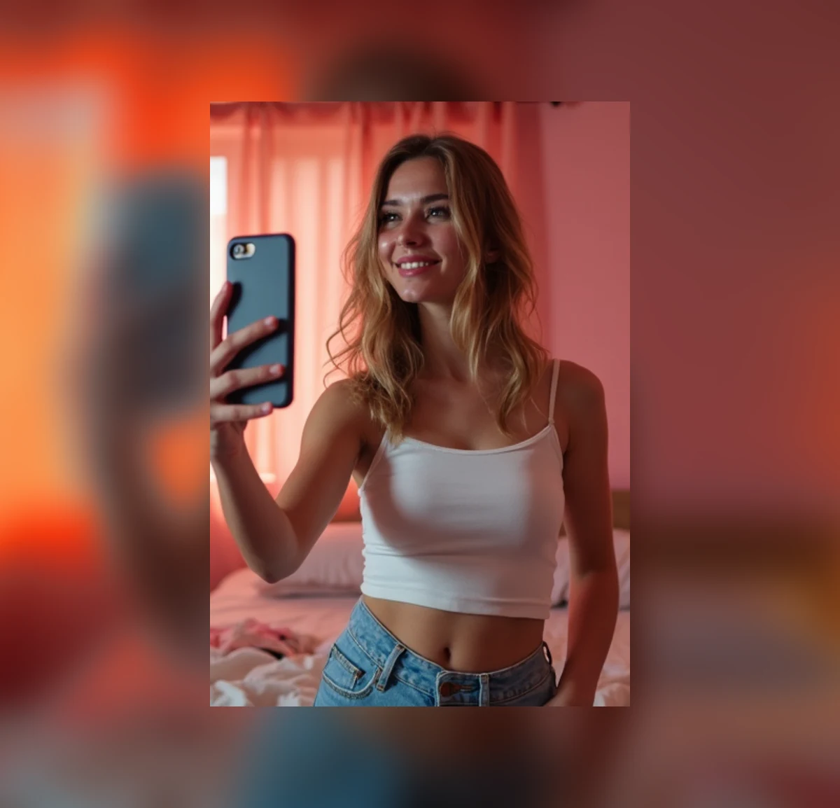 An adult blonde woman takes a playful casual selfie in a bright pink bedroom.