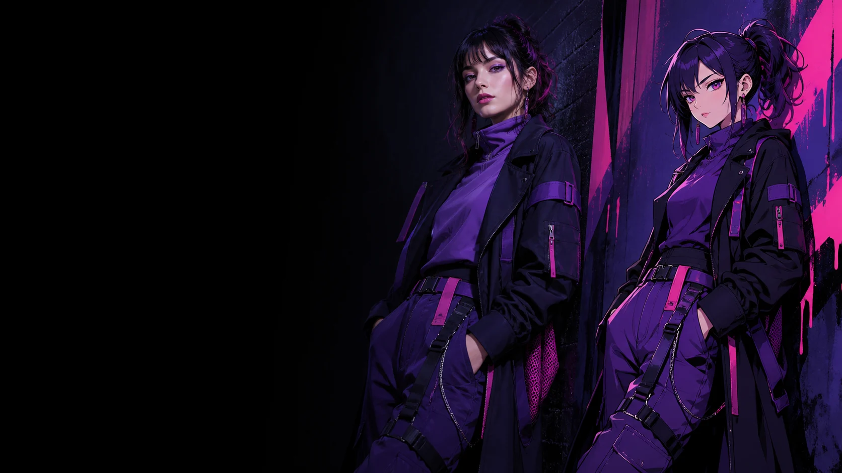 Adult realistic and anime characters share a bold violet creator-world composition.
