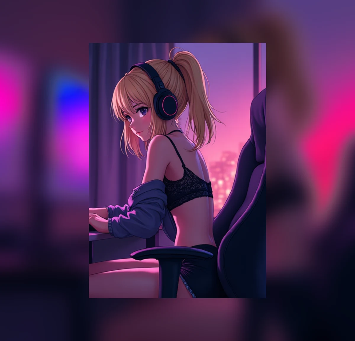 A mature blonde anime gamer in a fitted black club outfit under saturated violet light.
