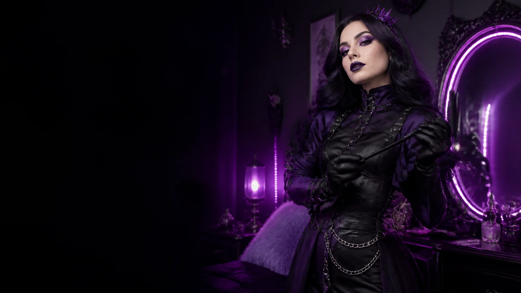 An adult woman poses in a glossy purple-neon fantasy creator room.