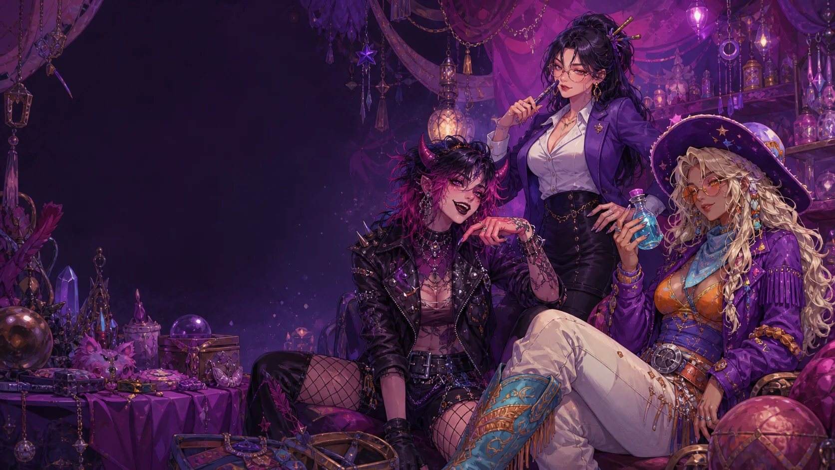 Three clearly adult fantasy-roleplay women fill a chaotic candy-violet chatroom world.