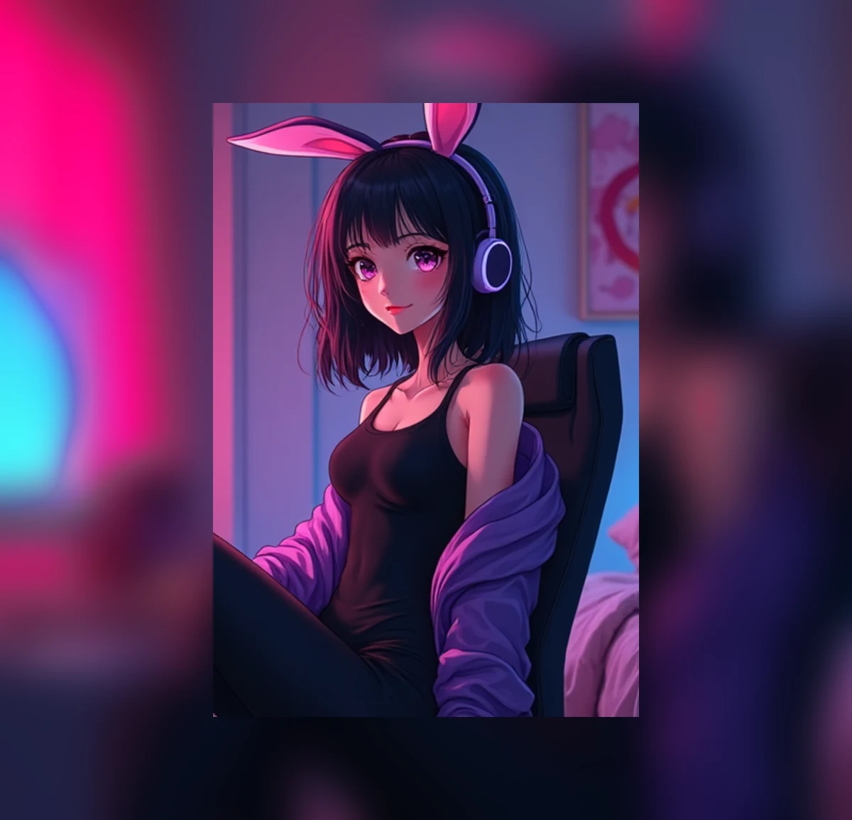 A mature dark-haired anime gamer in a fitted black bunny-ear outfit.