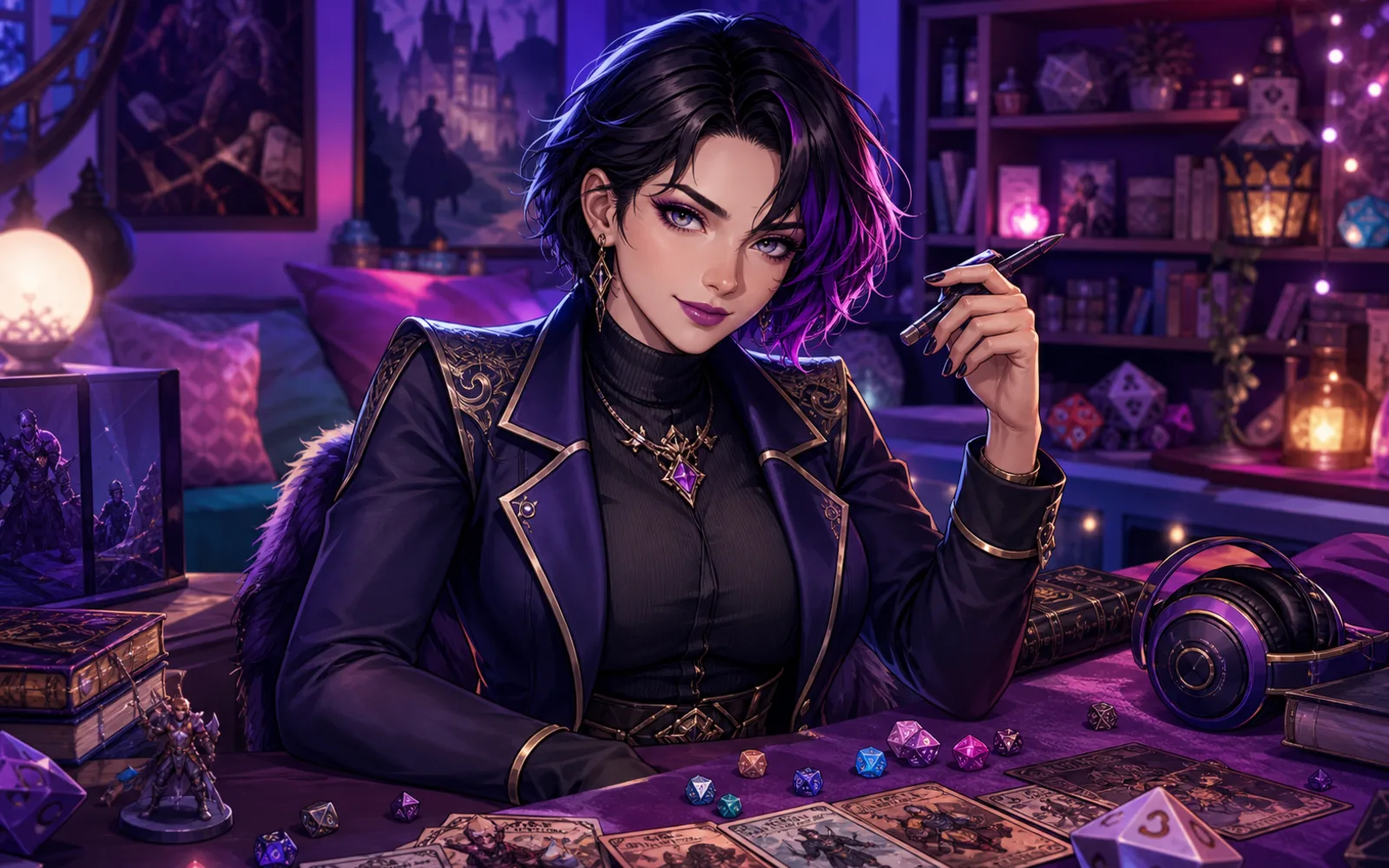 A clearly adult fantasy-roleplay heroine in a violet gaming den.