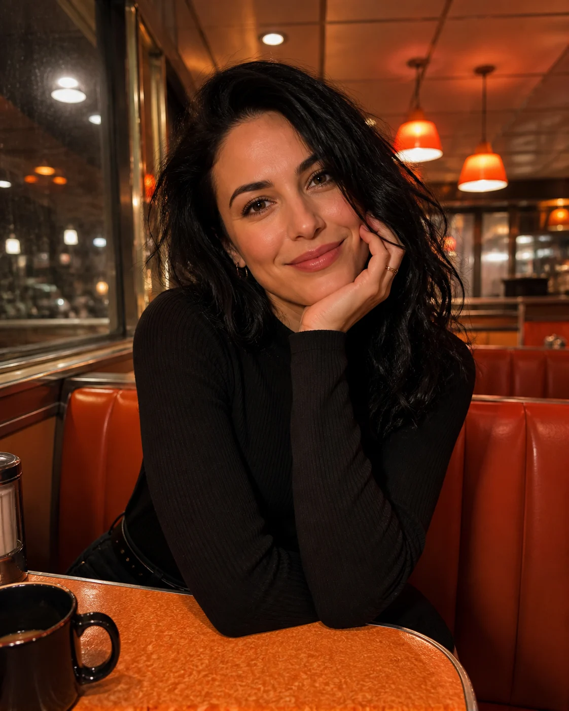 An adult woman in a warm orange diner portrait.