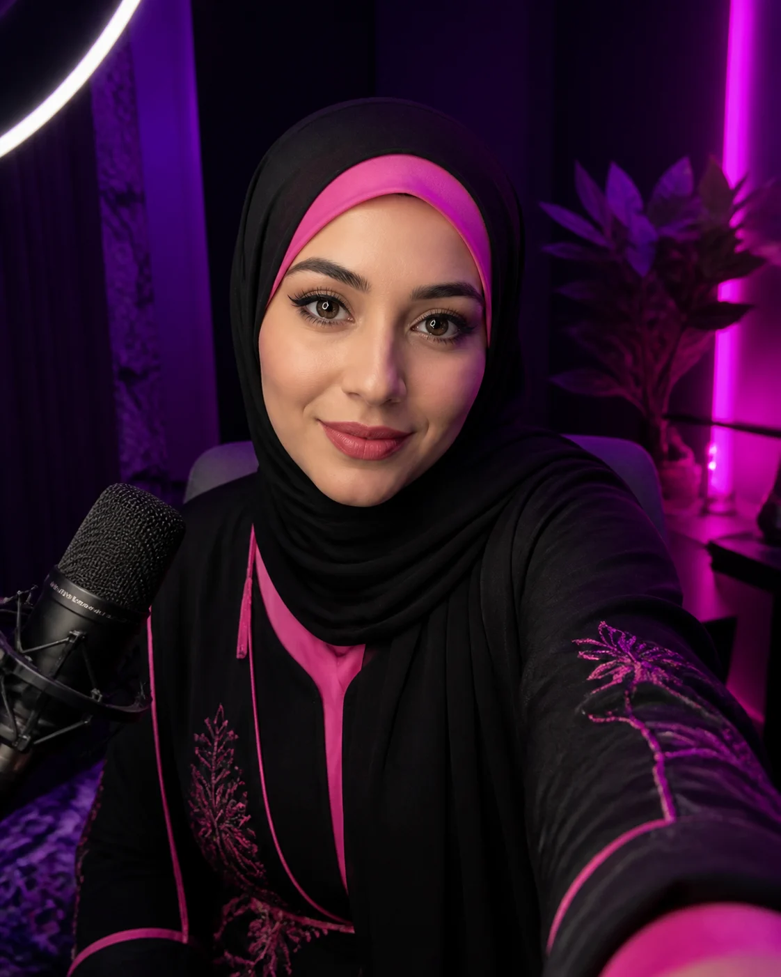 An adult live-chat creator beside a microphone and ring light.