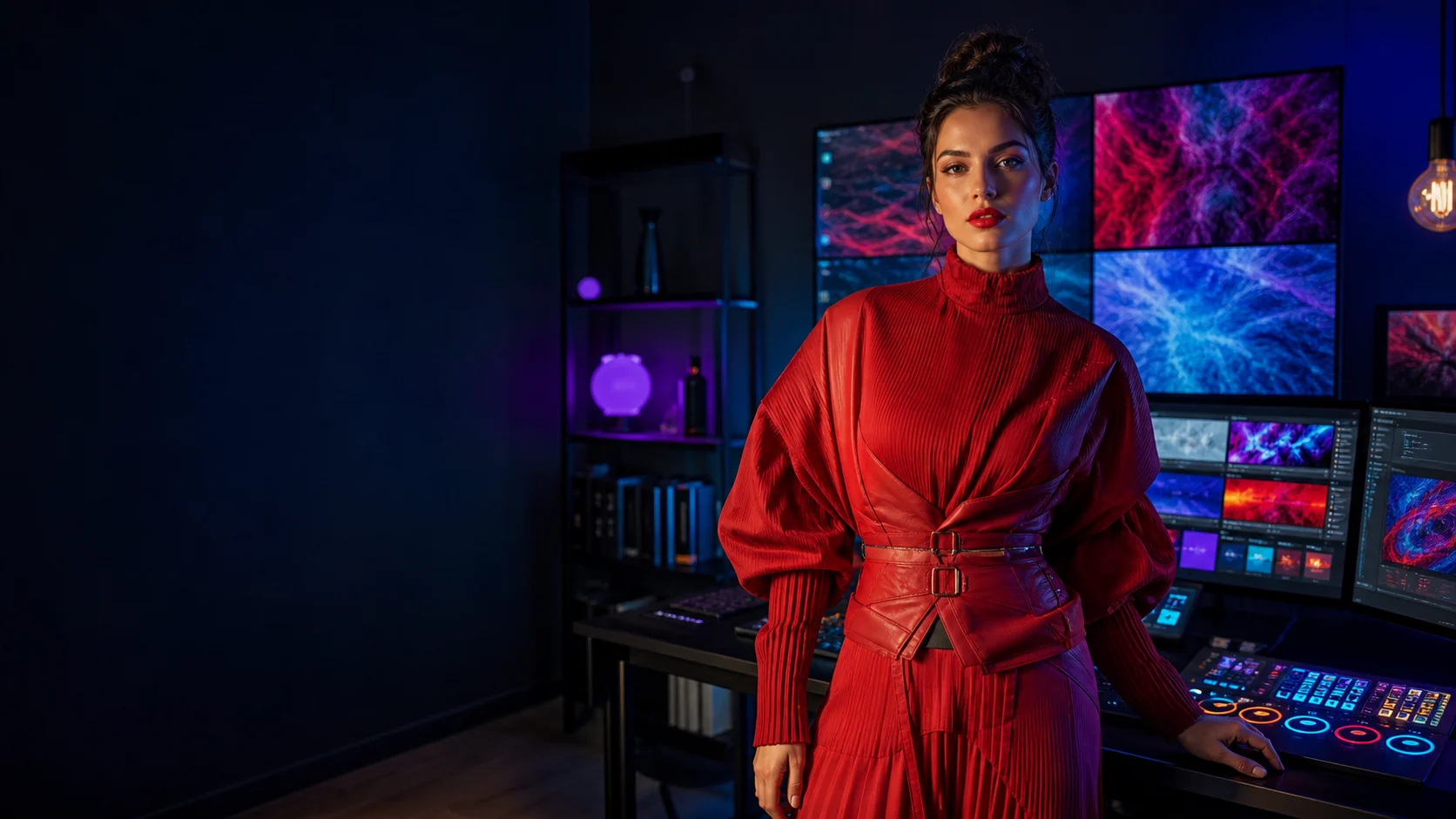 An adult fashion model stands beside a vivid image-generator workstation.