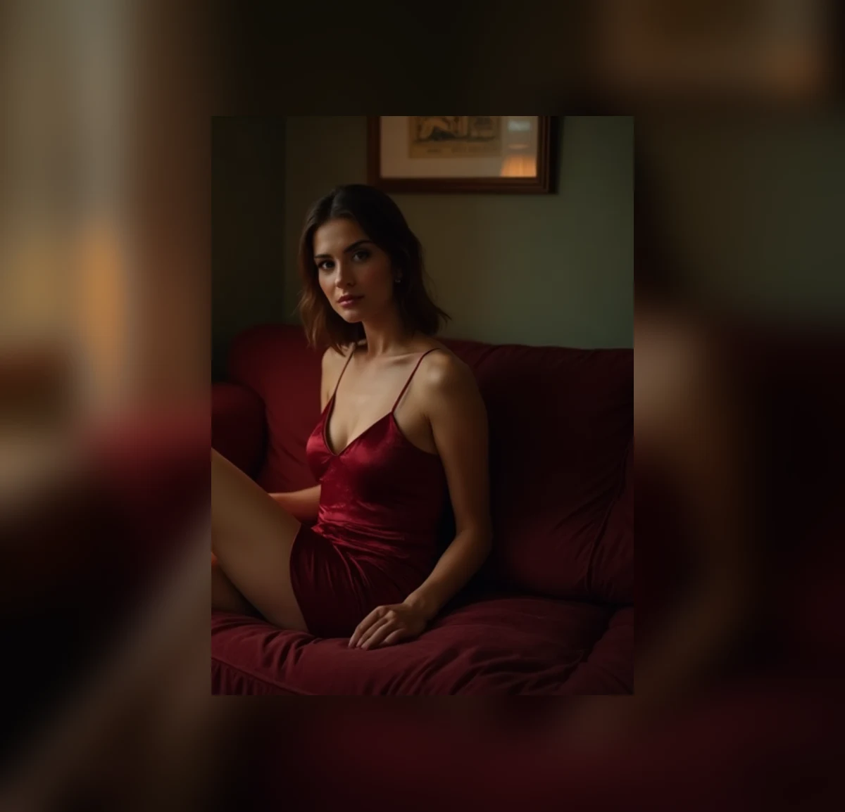 An adult brunette in a red silk slip dress during a private low-lit evening.