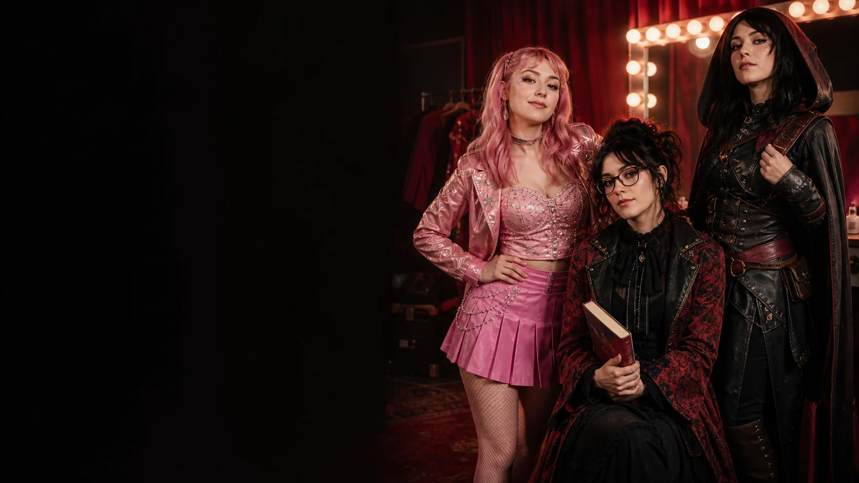 Three adult character archetypes gather in a red-lit backstage dressing room.