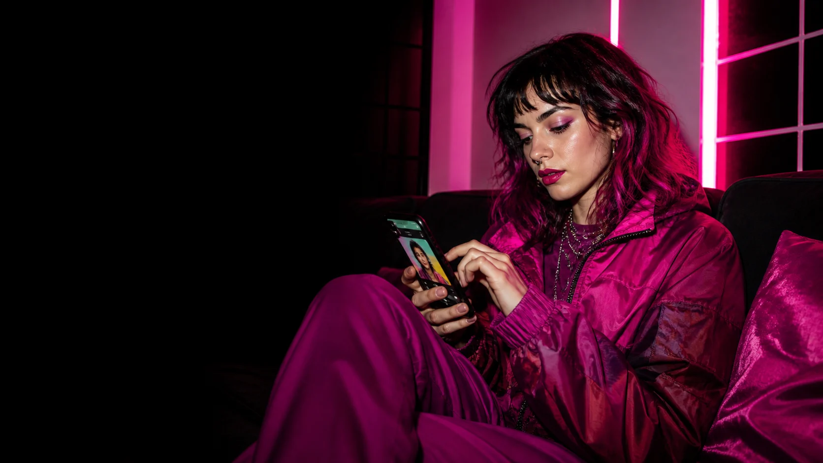 An adult woman rapidly swipes through colorful profiles in a neon apartment.