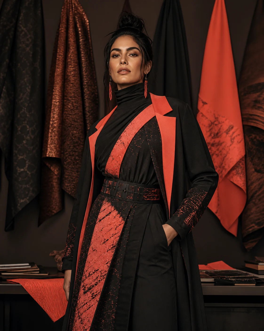 An adult model in a coral-and-black custom-character fashion portrait.