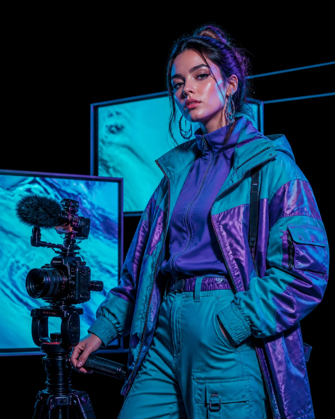 An adult creator in ultraviolet and cyan video-studio styling.