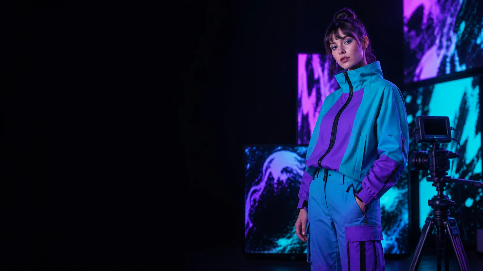 An adult creator stands beside a camera rig and vivid abstract video frames.