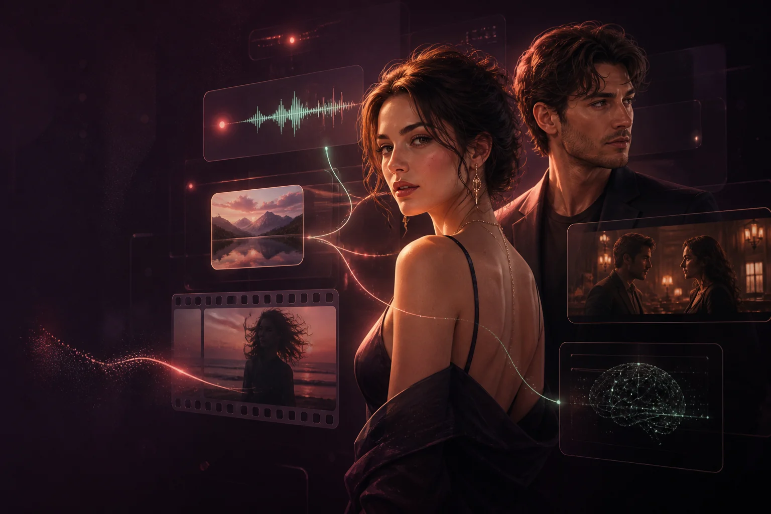 Two fictional adult companions emerge from a midnight interface of voice, image, video and memory signals.