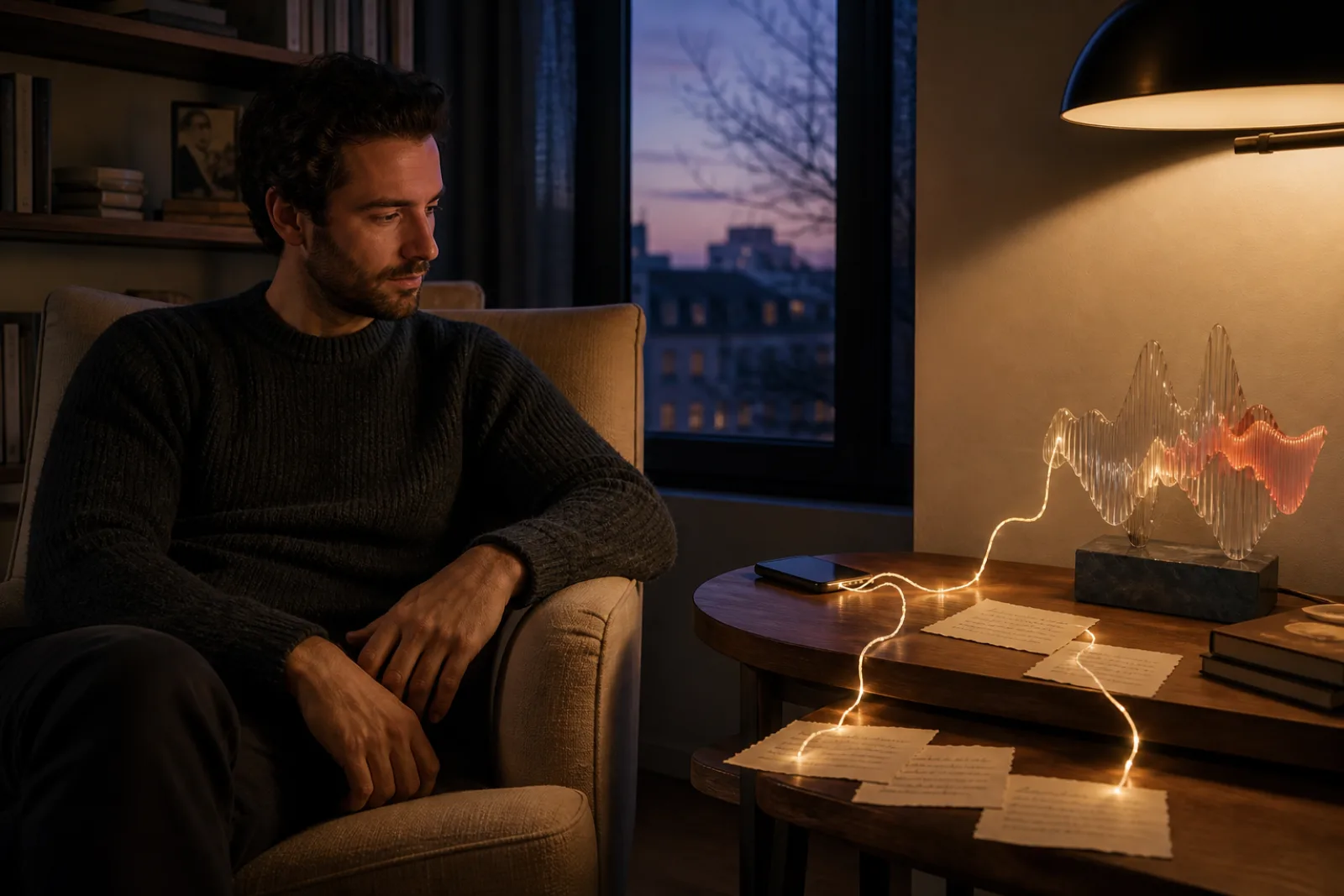 An adult man in a quiet reading room considers a glowing thread linking memory cards and a glass waveform.