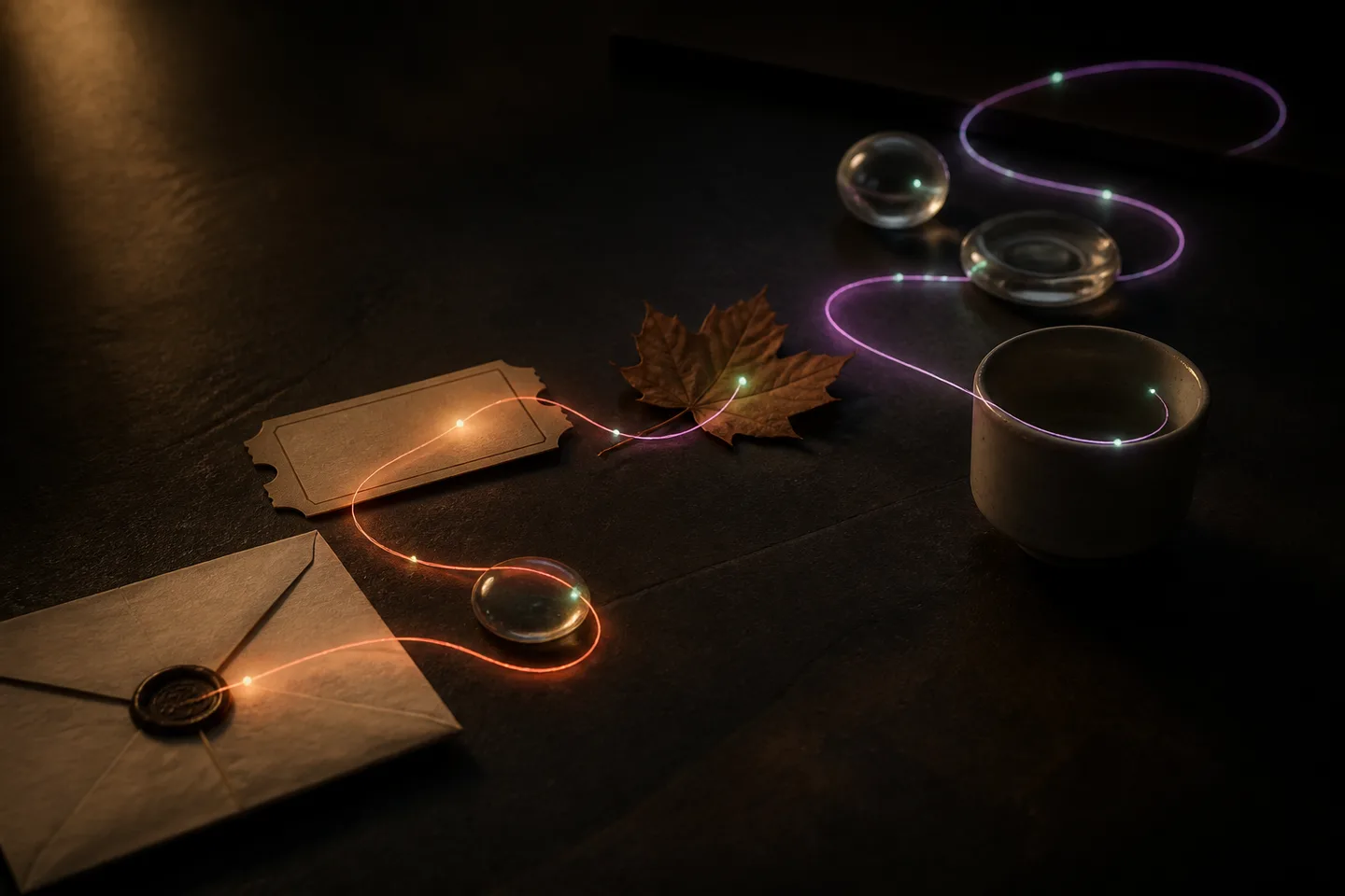 A luminous memory thread connects an envelope, leaf, glass tokens and cup.