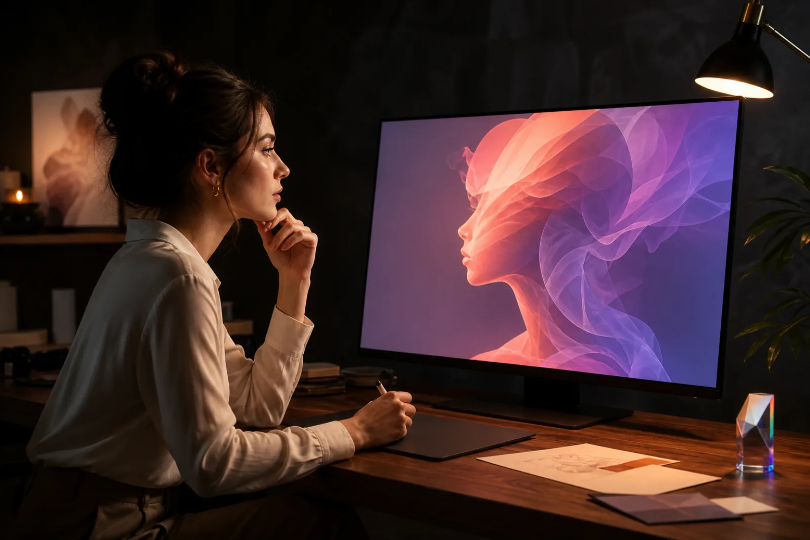 An adult designer studies a luminous abstract character portrait in a warm night studio.