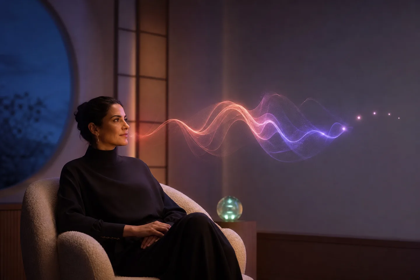 A fully clothed adult listens to an abstract coral and violet waveform in a quiet room.